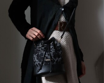 Tweed and leather Bucket bag for winter in Black flower, genuine leather with a shoulder belt