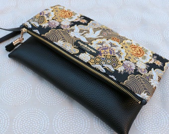 Japanese kimono & leather Fold over clutch bag, Carne in Black