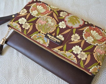 Japanese kimono & leather Fold over clutch bag, Butterfly in RedPurple