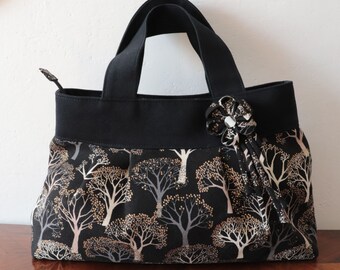 Japanese kimono zippered Wide handles tote bag, trees in black