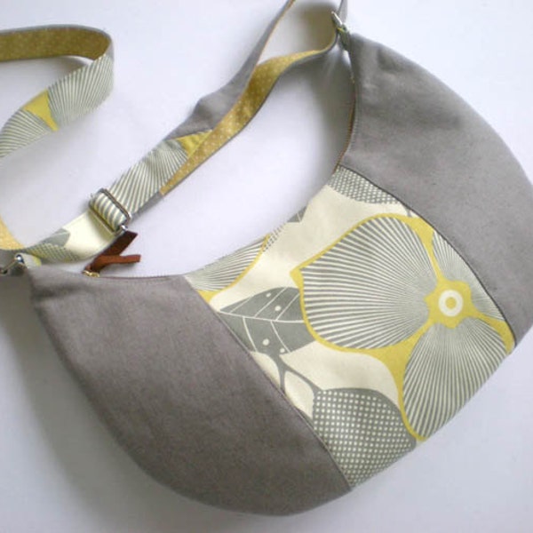 Linen Crescent shoulder /  messenger bag - Optic Blossom yellow and grey