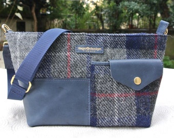 Harris Tweed & leather cross body bag in Blue, genuine leather with a shoulder belt