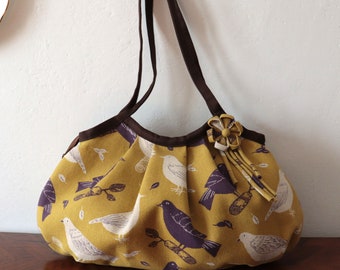 Zippered Large Granny Bag, Linen & Cotton Birds in mustard yellow