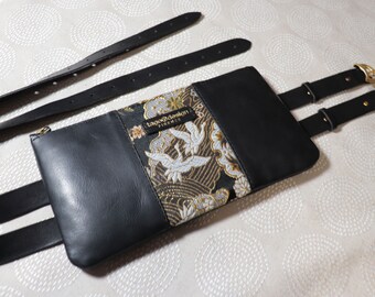 Japanese kimono & leather W Belts Bag / waist pouch, Crane in black