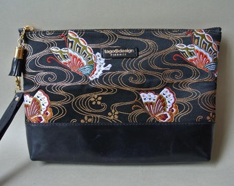 MIYABI Japanese kimono & leather Clutch bag, Butterfly in black