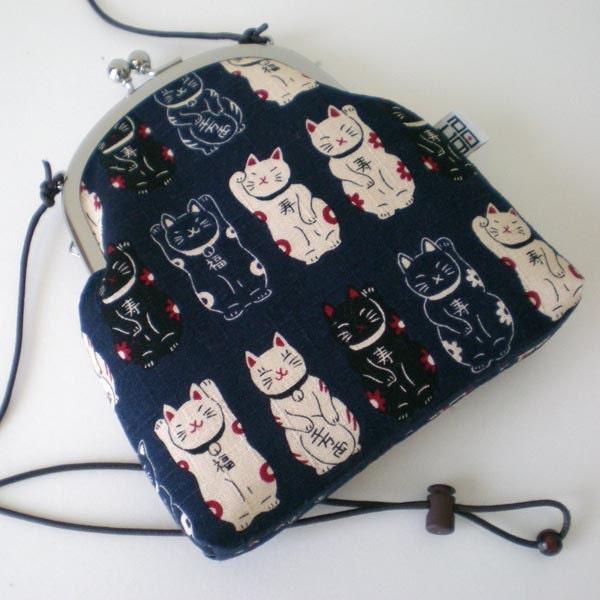 Shoulder Frame Pouch, Lucky cats Maneki neko in Navy