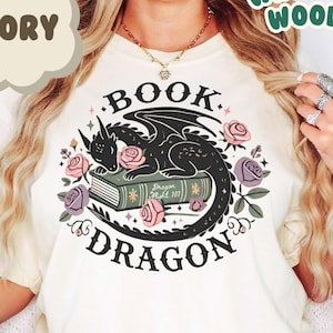 Book Dragon Comfort Colors Shirt | Fantasy Romance Reader Gift | Cute Vintage Dragon Design | Dark Romance Book Lover T-Shirt | Unisex Tee