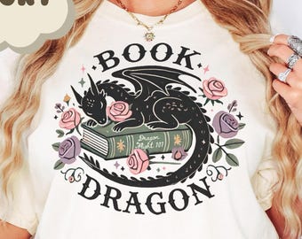 Book Dragon Comfort Colors Shirt | Fantasy Romance Reader Gift | Cute Vintage Dragon Design | Dark Romance Book Lover T-Shirt | Unisex Tee