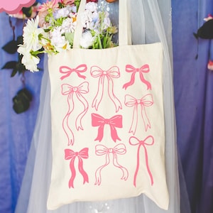 Pink Bow Tote Bag | Coquette Aesthetic Book Bag | Reusable Soft Girl Tote | Cute Kawaii Gift Bag | Cottagecore Canvas Tote
