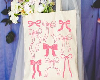 Bolsa de mano con lazo rosa / Bolsa de libros con estética coqueta / Bolsa de mano reutilizable y suave para niña / Bonita bolsa de regalo kawaii / Bolsa de lona estilo cottagecore