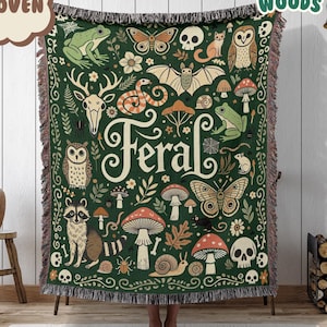 Feral Goblincore Woven Blanket | Cute Skeleton, Moss & Raccoon Design | Vintage Dark Cottagecore Skull Gift | Nature Lover Blanket