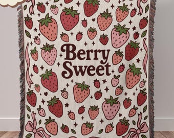 Strawberry Woven Throw Blanket | Pink Bow Cottagecore Blanket | Cute Pastel Bedding Gift | Coquette Room Decor | Soft Farmhouse Throw