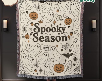 Spooky Season Ghost Vintage Halloween Woven Blanket - Halloween Decor, Fall Home Decor, Cozy Blanket, Vintage Halloween Gift, Halloween
