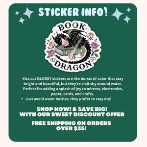May include: A sticker featuring a black dragon curled up asleep on a book with pink flowers. The sticker has the text "BOOK DRAGON" around the image.