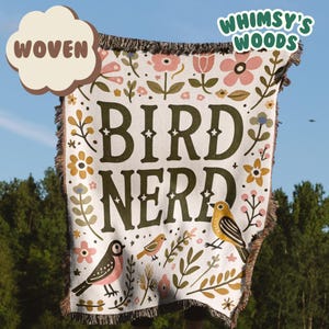 Vintage Bird Nerd Floral Woven Blanket | Cute Retro Cotton Throw | Cozy Gift for Bird Lovers | Boho Blanket with Fringe