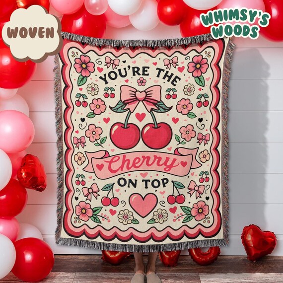 Cherry Valentine Blanket | Retro Coquette Valentines Day Gift | Cute Cherry Pink Bow Blanket | Soft Cozy Galentines Gift Throw for Her