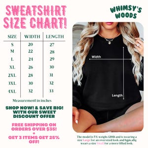 May include: Sweatshirt size chart with measurements in inches. Sizes range from S to 4XL, with widths from 20 to 32 inches and lengths from 27 to 33 inches. The model is wearing a size Large for an oversized look.