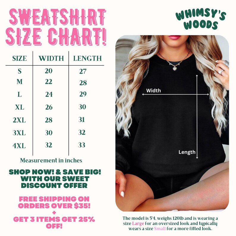 May include: Sweatshirt size chart with measurements in inches. Sizes range from S to 4XL, with widths from 20 to 32 inches and lengths from 27 to 33 inches. The model is wearing a size Large for an oversized look.