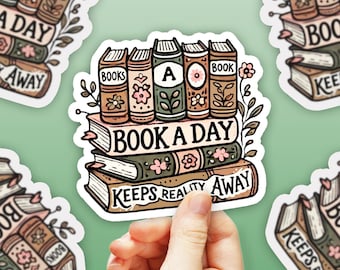 A Book A Day Keeps Reality Away Sticker | Vintage Cottagecore Books Gift | Cute Literary Aesthetic, Gift for Book Lovers & Readers