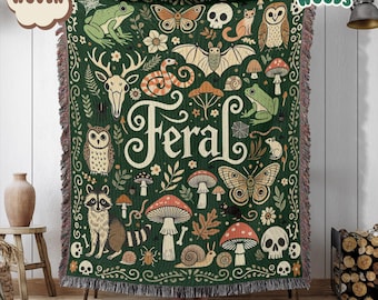 Feral Goblincore Woven Blanket | Cute Skeleton, Moss & Raccoon Design | Vintage Dark Cottagecore Skull Gift | Nature Lover Blanket