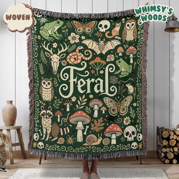 Feral Goblincore Woven Blanket | Cute Skeleton, Moss & Raccoon Design | Vintage Dark Cottagecore Skull Gift | Nature Lover Blanket