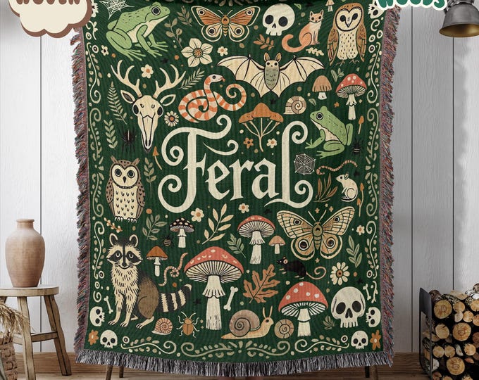 Feral Goblincore Woven Blanket | Cute Skeleton, Moss & Raccoon Design | Vintage Dark Cottagecore Skull Gift | Nature Lover Blanket