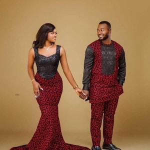 African couple outfit, African couple attire, African couple Ankara wears, African engagement wear, African matching Clothing, African wed