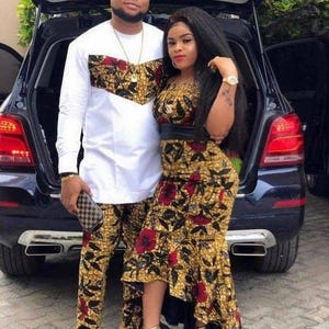Traje de pareja africana, atuendo de pareja africana, pareja africana Ankara usa, ropa de compromiso africana, ropa a juego africana, boda africana