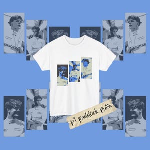 May include: White t-shirt with a graphic of a person in blue and white. The shirt has three rectangular images of the person. The words "P1 paddock pulse" are written on a tan banner. Surrounding the shirt are blue and white images of the person.