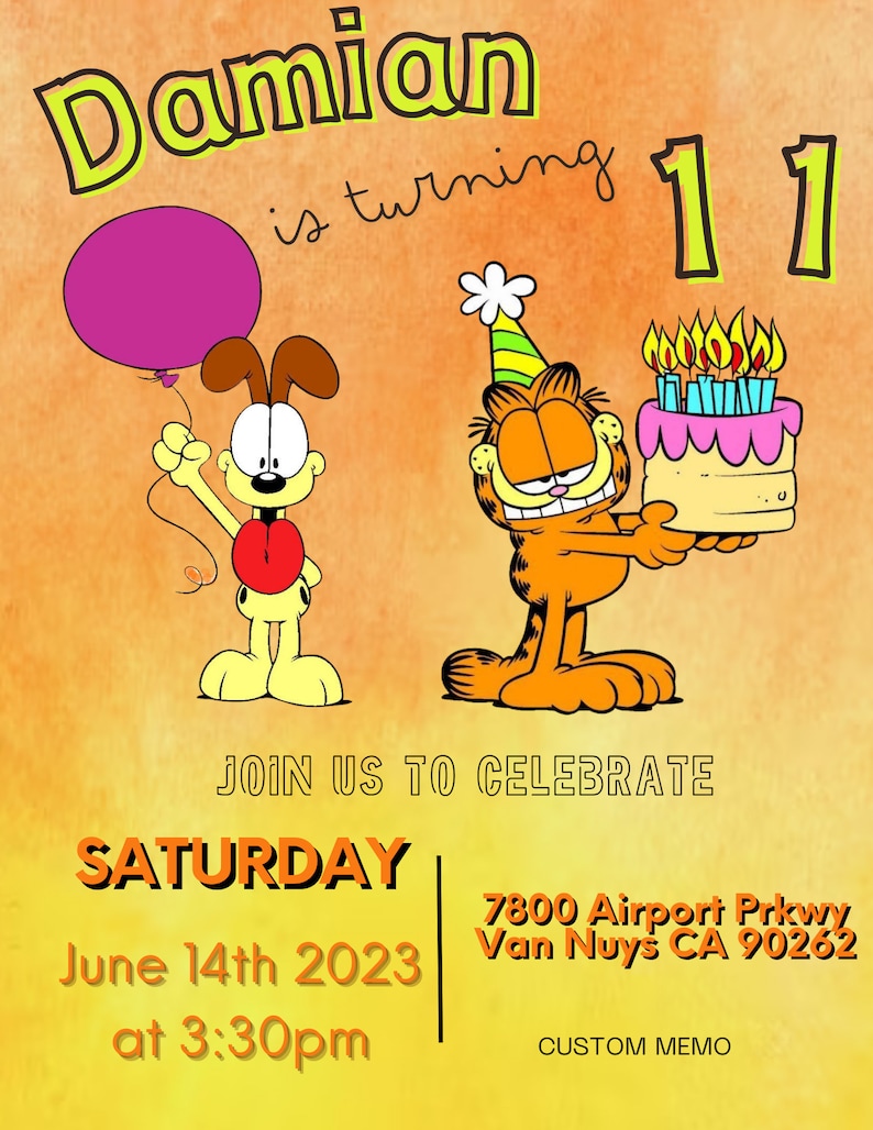 Garfield Birthday Invitation, Digital Printable Card - Etsy
