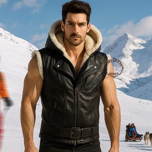 Real Black Leather Sleeveless Jacket for Men - Hooded Biker Vest for Men - Festival Outfit, Edgy Streetwear - Synthetic Fur Lining Jacket