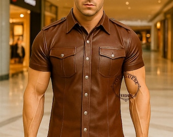 Handcrafted Brown Sheepskin Leather Shirt - Military Style Flap Pockets