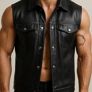 Men’s Black Sleeveless Leather Jacket - Biker Style Motorcycle Vest - Handmade Punk Rock Fashion - Gothic Streetwear - Gift For Him
