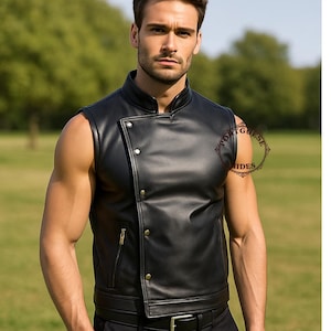 100% Real Black Leather Sleeveless Jacket for Men – Modern Gothic Biker Vest – Festival or Streetwear Style Jacket