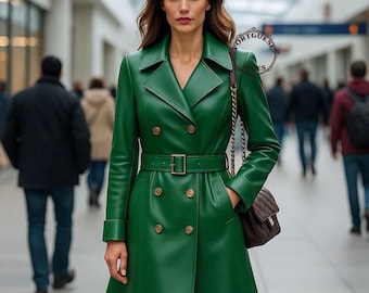 Handmade Green Leather Trench Coat: Belted Steampunk Gothic Overcoat