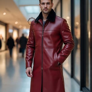 Men’s Red Leather Trench Coat - Synthetic Fur Collar Coat - Men&#39;s Long Line Jacket - Bold Winter Outerwear - Festival Outfit, Event Jacket