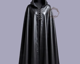 Mantello con cappuccio in pelle di pecora nera fatto a mano: cosplay medievale e rinascimentale