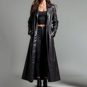 Trench-coat en cuir noir pour femme -Manteau d'hiver en cuir véritable-Vêtements d'extérieur longs sur mesure pour femme-Manteau en cuir noir-Vêtements d'hiver élégants