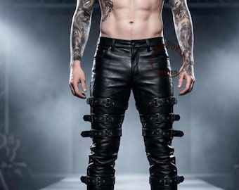 Genuine Black Leather Biker Pants - Steampunk  Trousers- Black Leather Gothic Biker Pant for Men