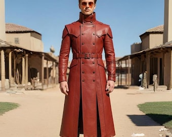 Handmade Red Sheep Leather Trench Coat: Gothic Duster Overcoat