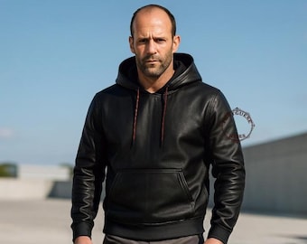 メンズ ブラックレザー フード付きジャケット - 取り外し可能なフード