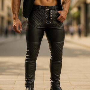 Genuine Black Leather Gothic Pants: Steampunk Biker Trousers, Men&#39;s Quilted Leather Pants
