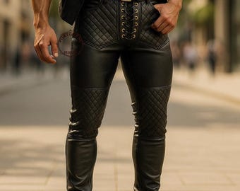 Genuine Black Leather Gothic Pants: Steampunk Biker Trousers, Men's Quilted Leather Pants