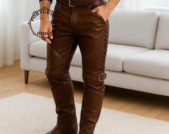 Genuine Brown Leather Gothic Pants: Biker Trousers, Steampunk Wear