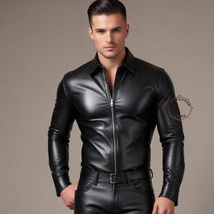 Chemise homme en cuir de mouton - Chemise en cuir noir véritable - Chemise Slimfit en cuir - Chemise de police noire en cuir - Réalisée sur commande - Cadeau pour lui