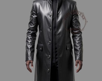 Handmade Black Leather Trench Coat: Personalized Long Coat for Men
