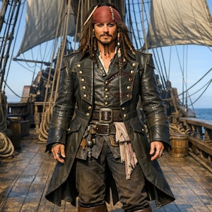 Peut inclure: Une personne portant un manteau en cuir noir avec des boutons dorés, debout sur le pont en bois d'un navire. Le manteau a une ceinture et des poches. La personne porte un bandana rouge et a de longs cheveux tressés.