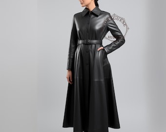Handmade Black Sheep Leather Maxi Coat: Winter Trench Coat