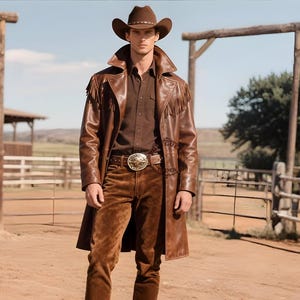May include: A person wearing a brown leather cowboy hat, jacket with fringe, shirt, and pants. The jacket has the text "GUES" on the sleeve. The outfit includes a belt with a large, decorative buckle. The background features a ranch setting.