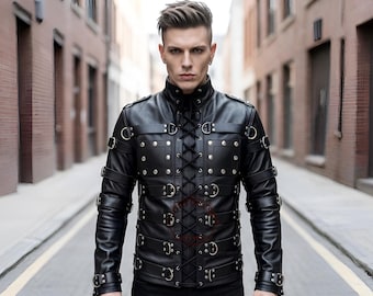 Men's Black Genuine Leather Gothic Shirt – Lace-Up Jacket, Darkwave Clothing